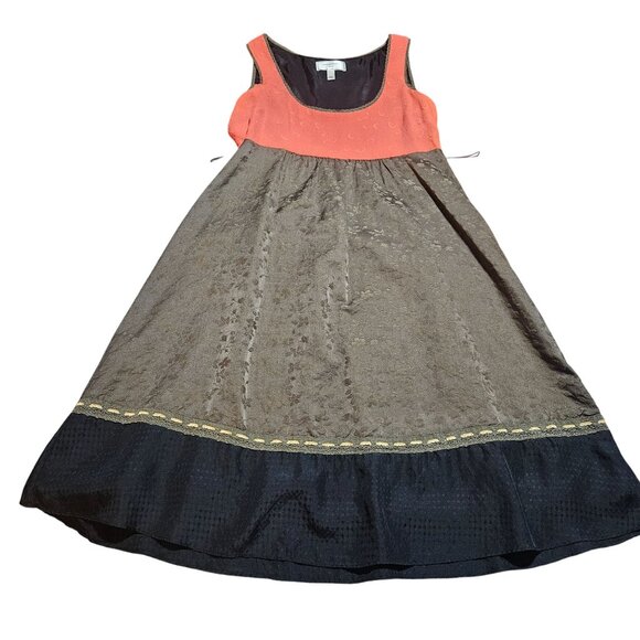 Anthropologie Moulinette Soeurs Women's Silk Jacquard Color Block Dress Orange/B - Picture 3 of 16